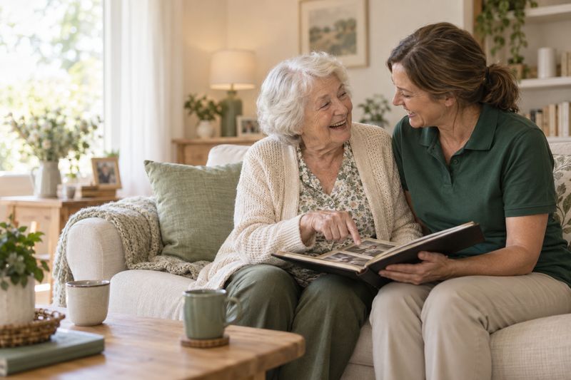 Support worker and client looking through a photo album together, laughing