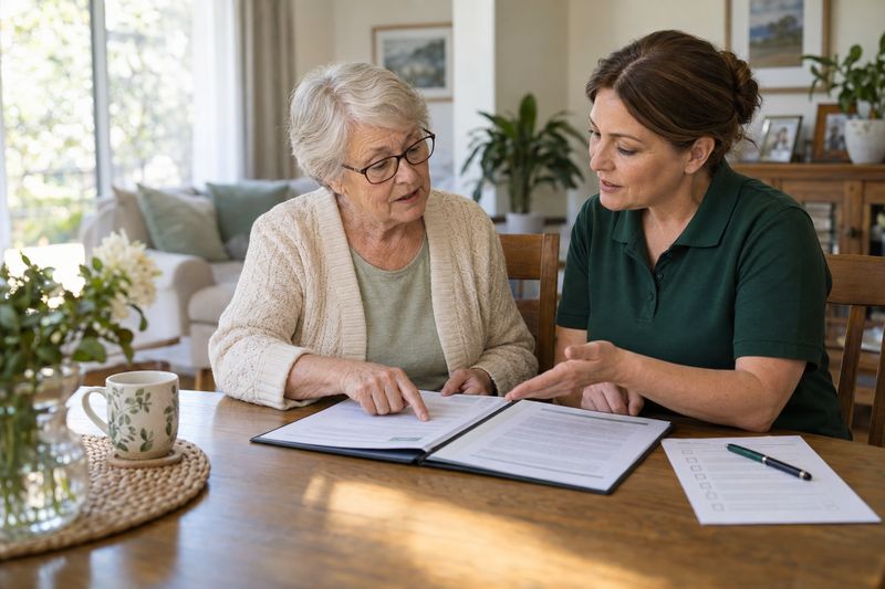 Support worker reviewing a service agreement with a client at the dining table